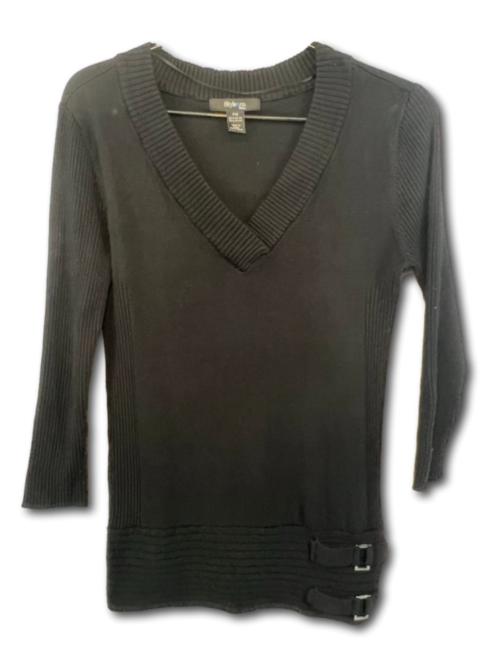 Style & Co. Sweater 3/4 Sleeve Petite V-Neck Buckled Ribbed Hem Black Size PM